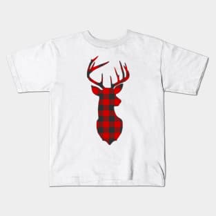 Christmas Deer Head Red Buffalo Plaid Kids T-Shirt